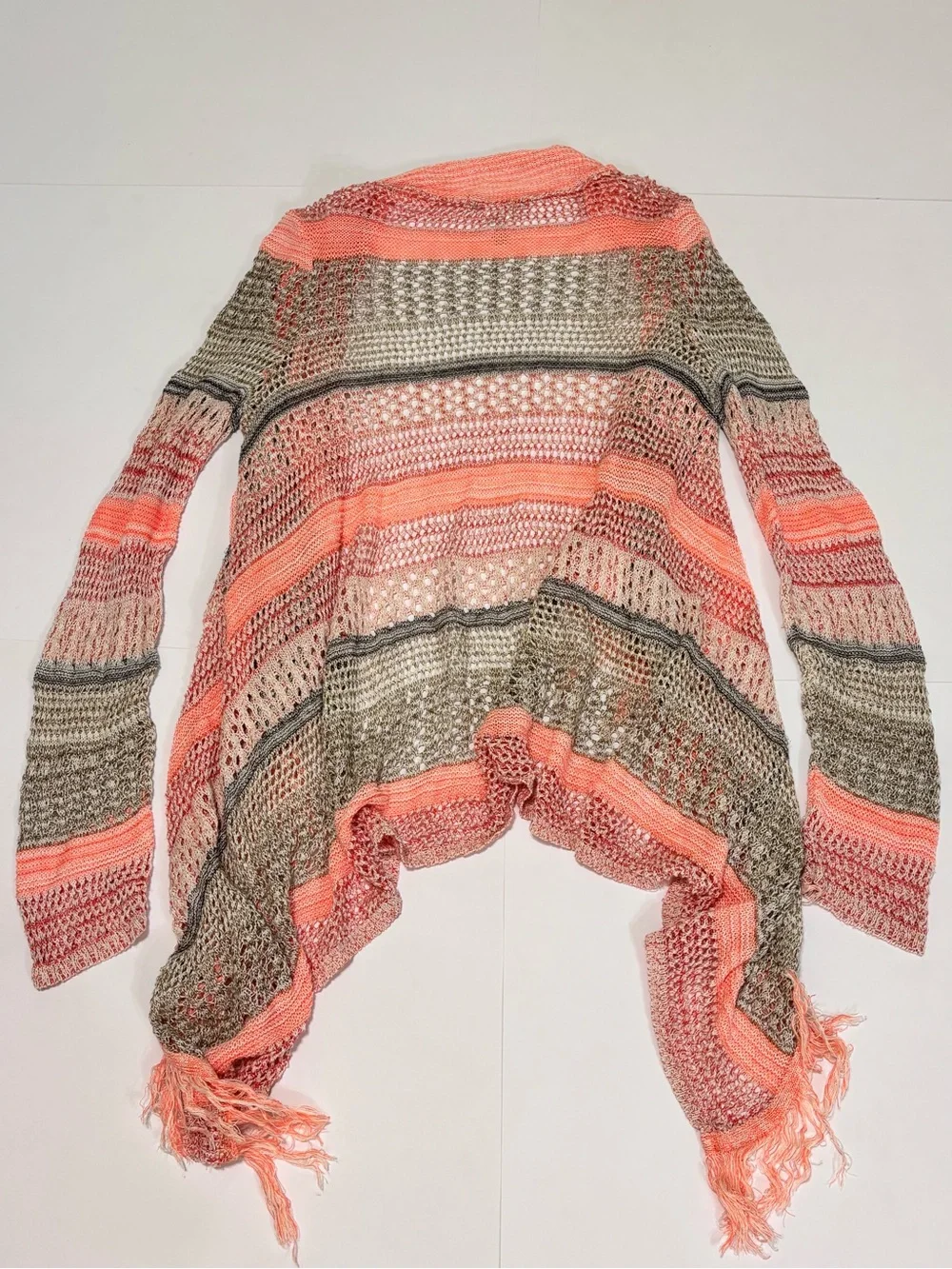 Maurices Women’s Striped Open-Front Fringe Cardigan Sweater - Coral & Tan
